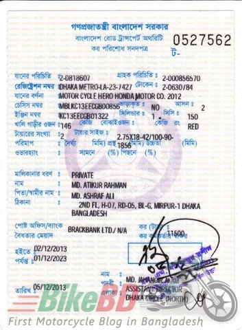 motorcycle registration paper in bangladesh