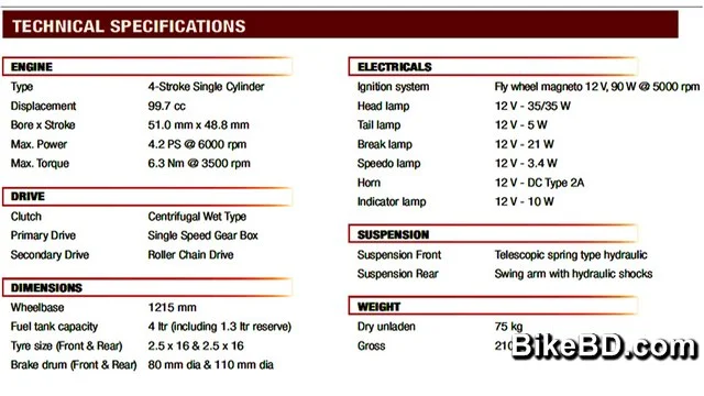 TVS XL 100 Specification Table